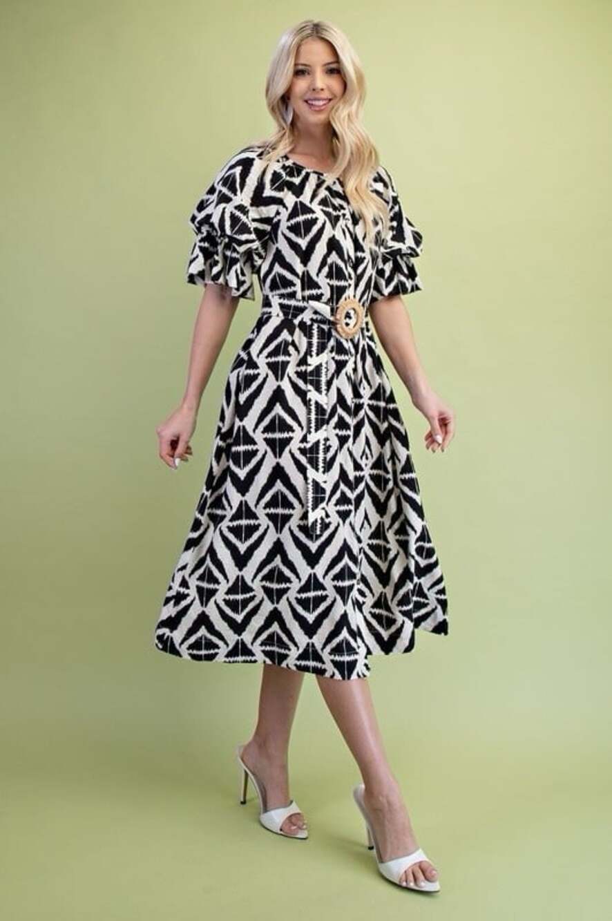 NEW Gigio Sophie Black Belted Midi Dress L button down soft sleeves